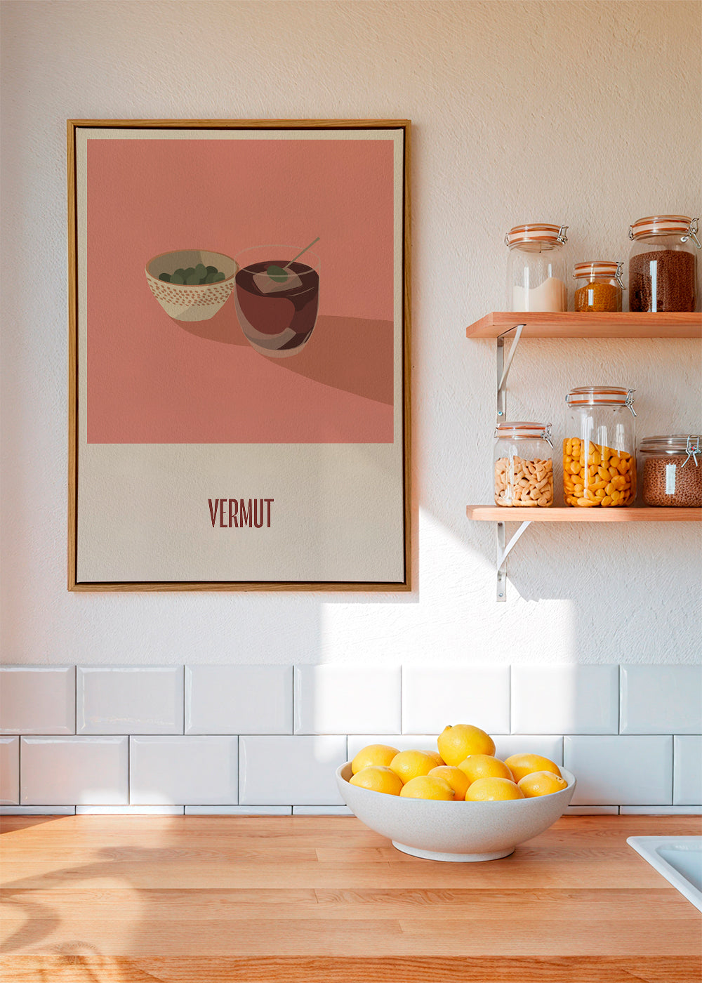 Kökskonst Vermut och oliver minimalistisk illustration