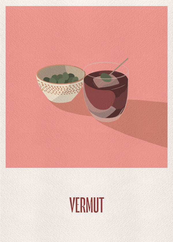 Kökskonst Vermut och oliver minimalistisk illustration