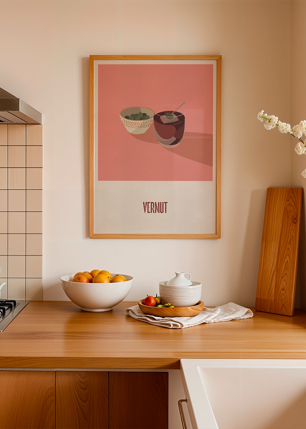 Kökskonst Vermut och oliver minimalistisk illustration