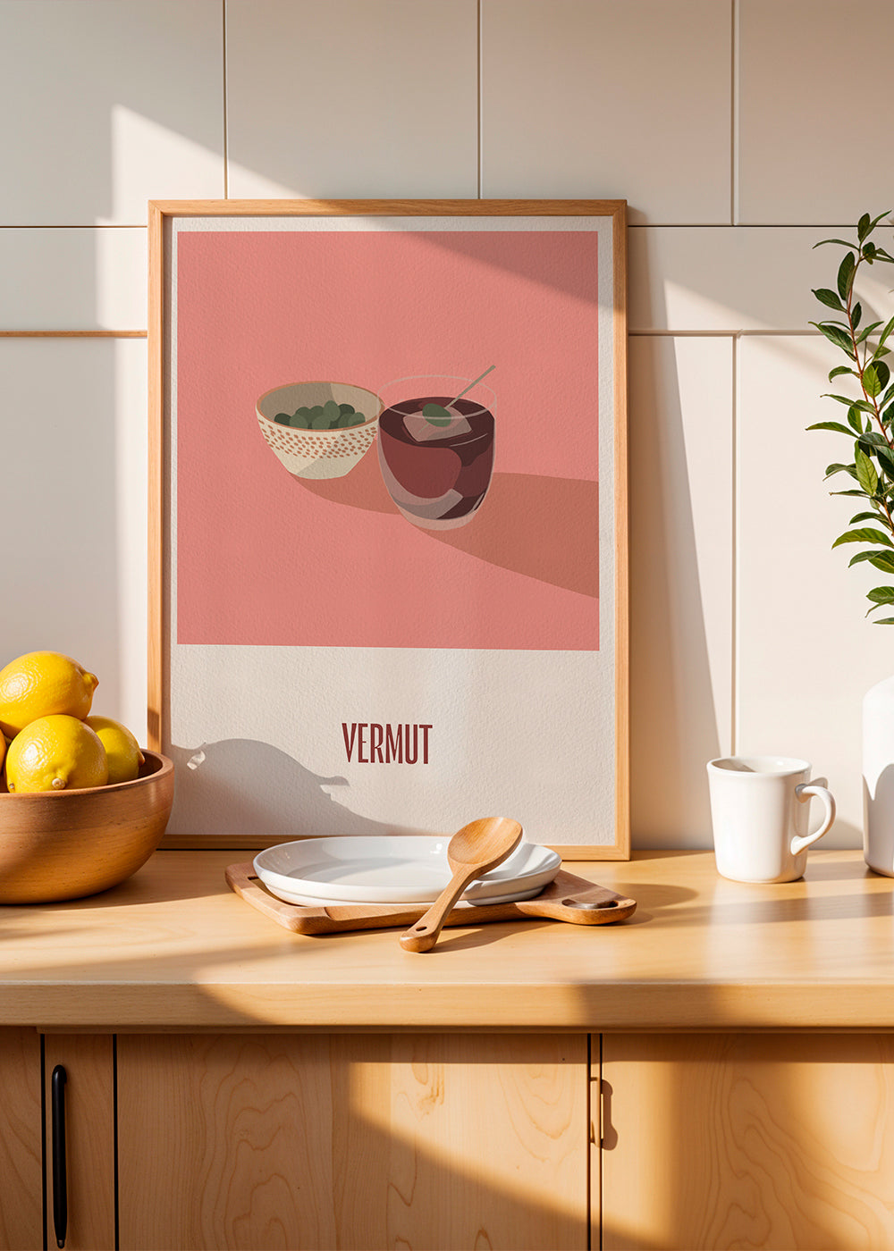 Kökskonst Vermut och oliver minimalistisk illustration