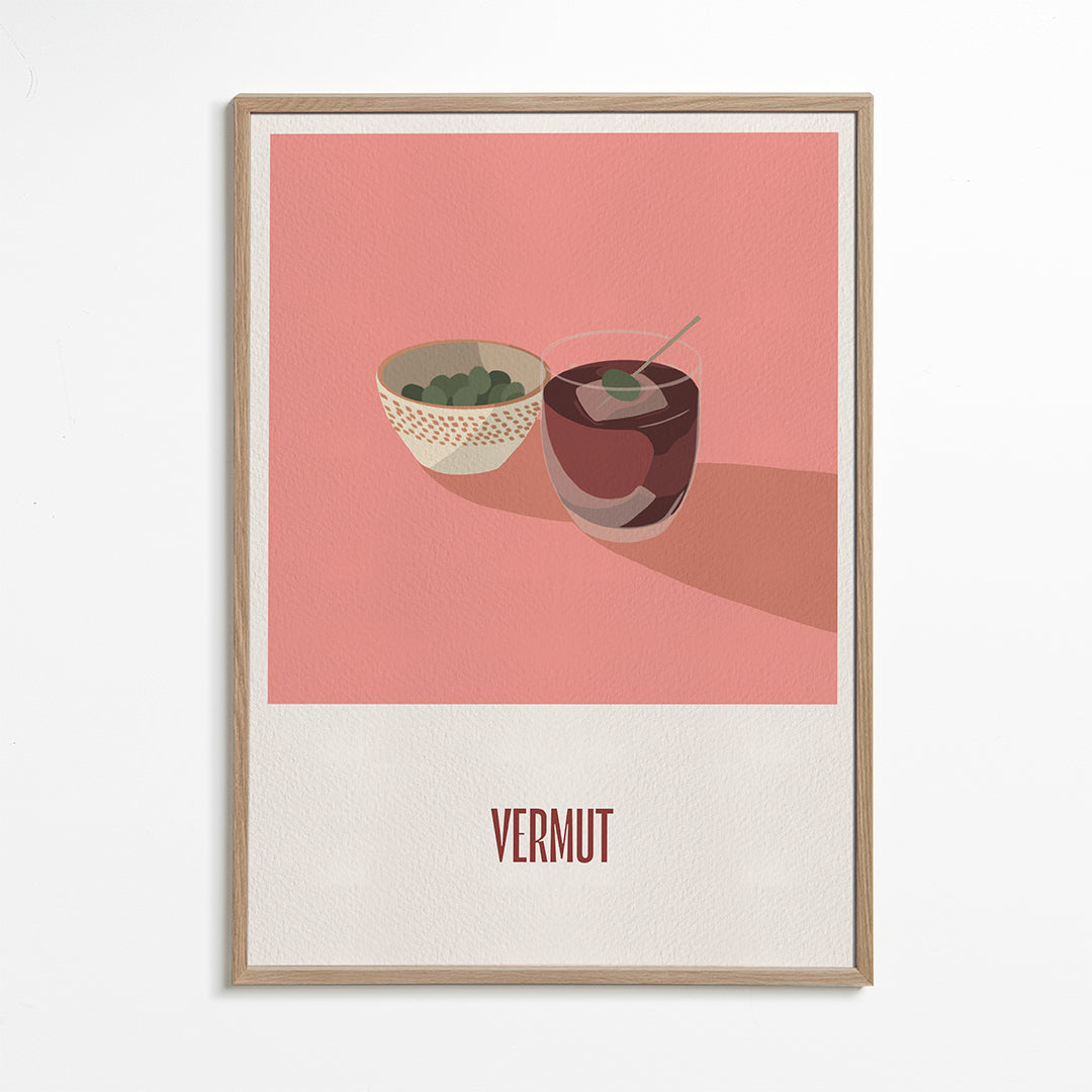 Kökskonst Vermut och oliver minimalistisk illustration