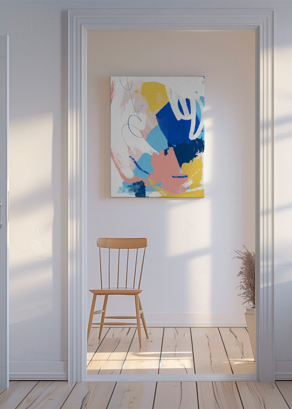 Abstrakt tavla med blå och korallpenseldrag