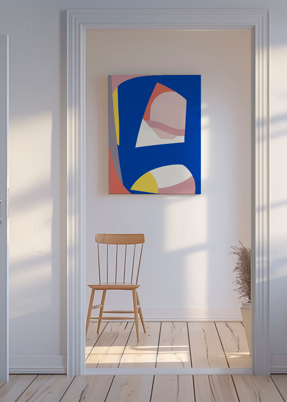 Geometrisk tavla med organiska blå former