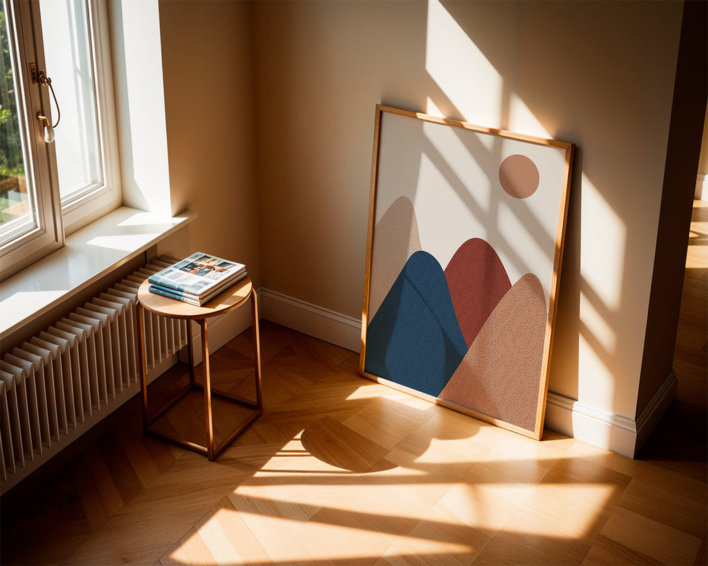 Landskapskonst: minimalistiska berg i varma toner