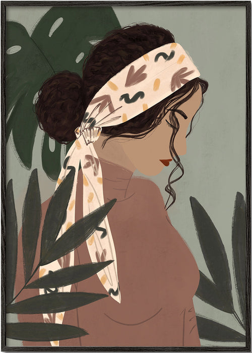 Botanisk poster: kvinna i profil bland blad
