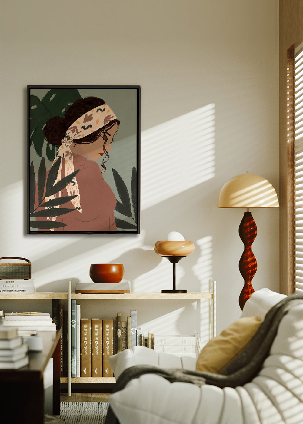 Botanisk poster: kvinna i profil bland blad