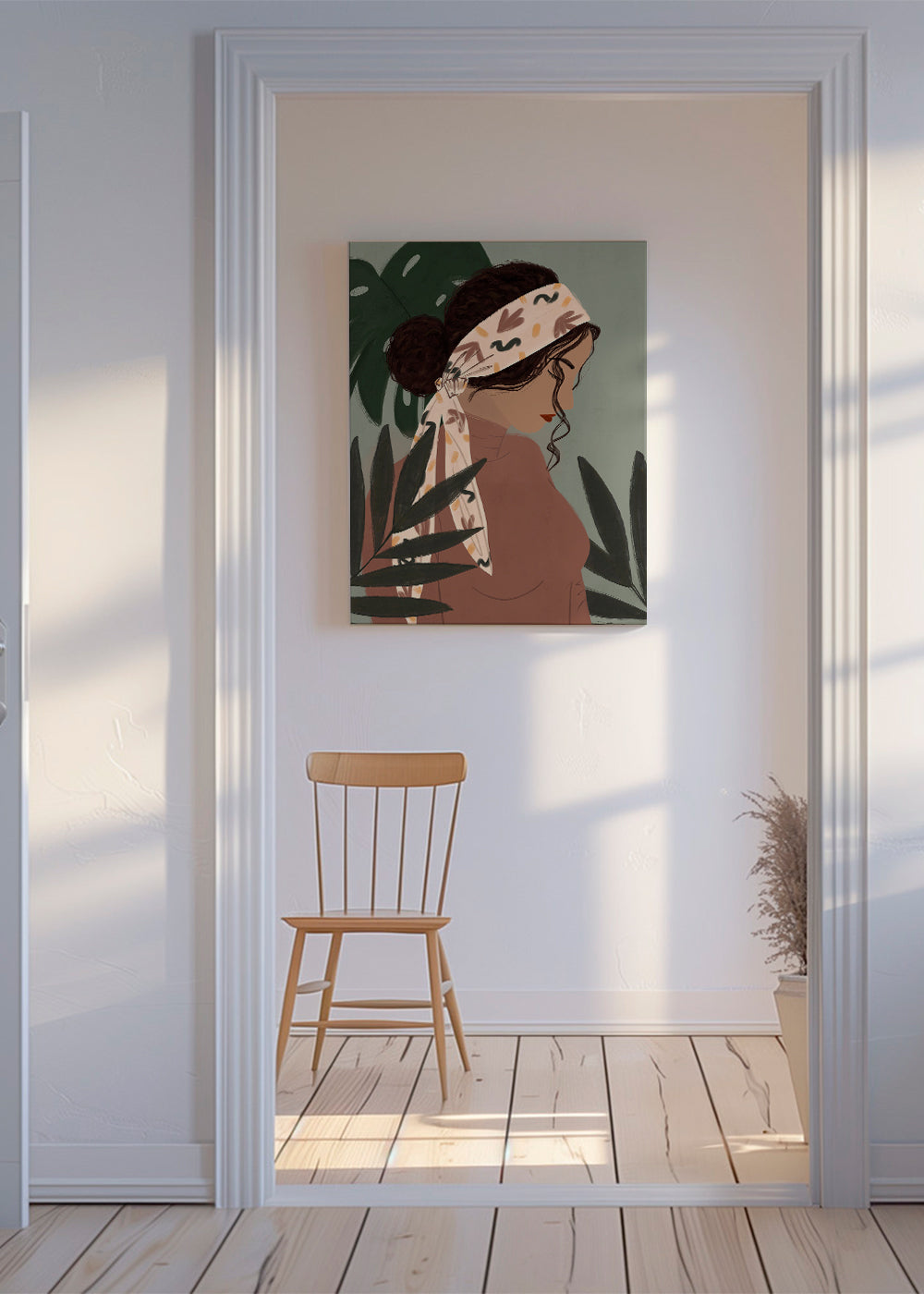 Botanisk poster: kvinna i profil bland blad