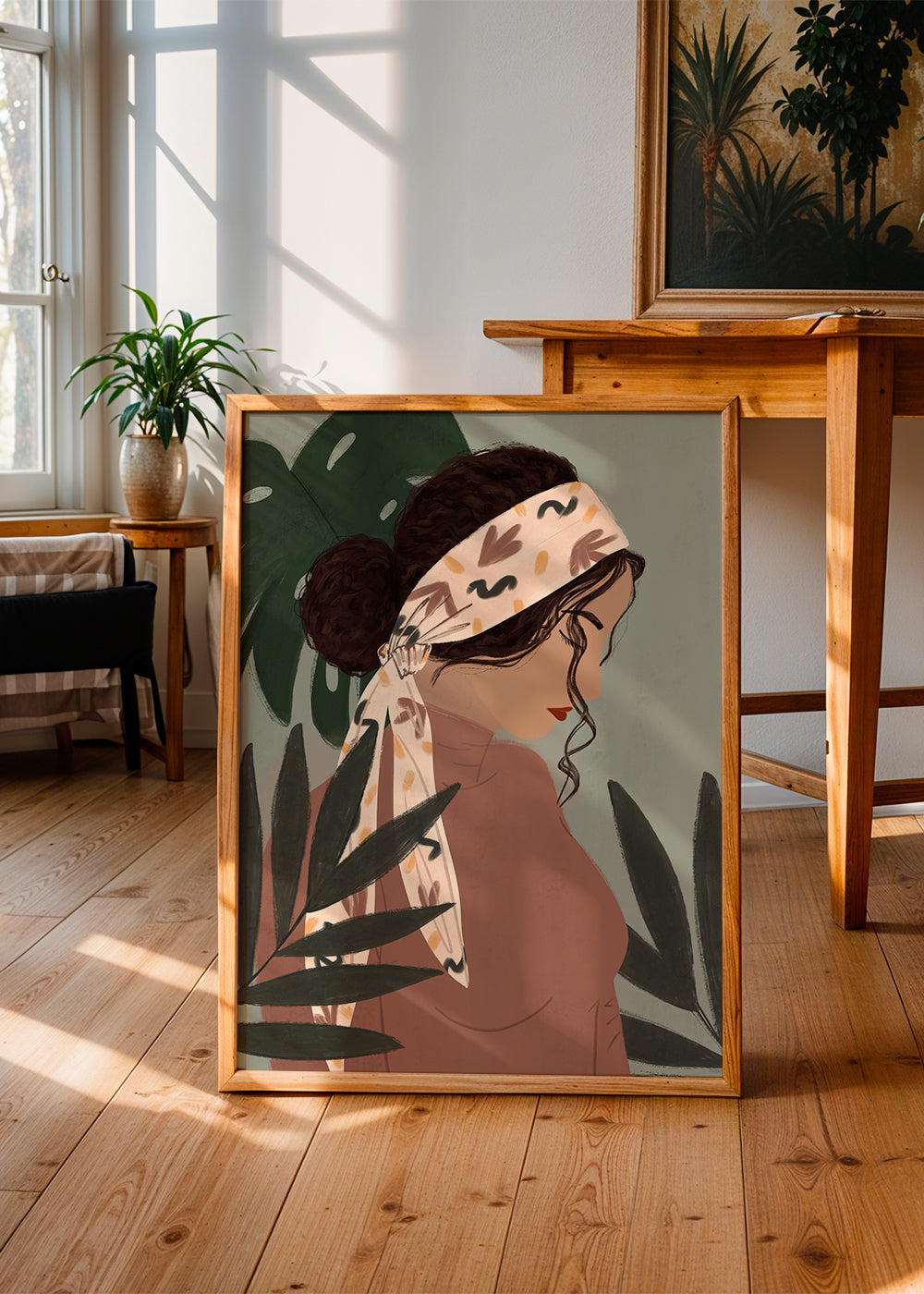 Botanisk poster: kvinna i profil bland blad