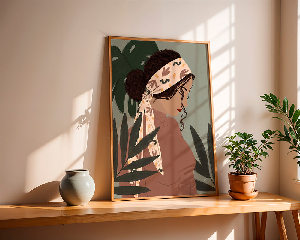 Botanisk poster: kvinna i profil bland blad