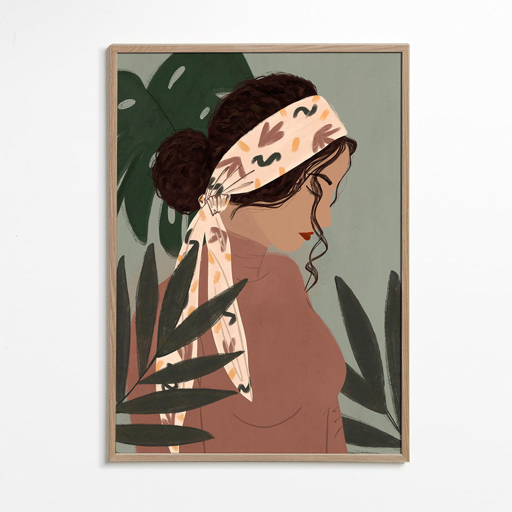 Botanisk poster: kvinna i profil bland blad