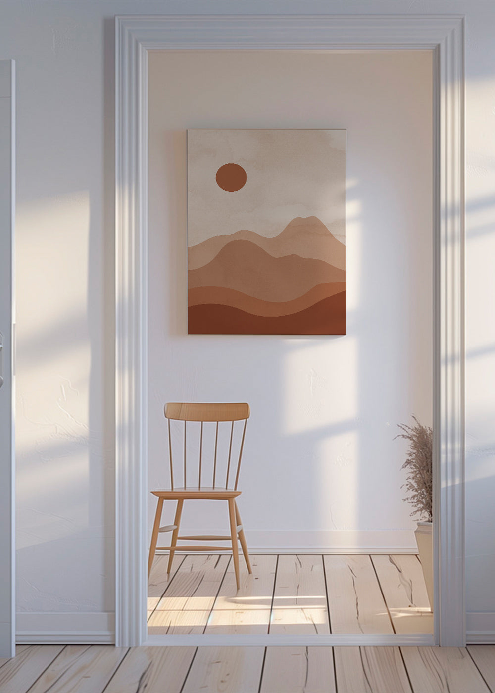 Minimalistiskt landskapskonstverk med terrakottasol