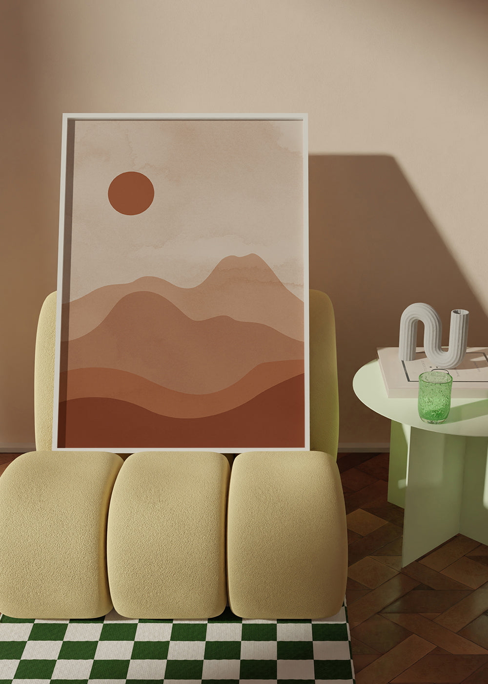 Minimalistiskt landskapskonstverk med terrakottasol
