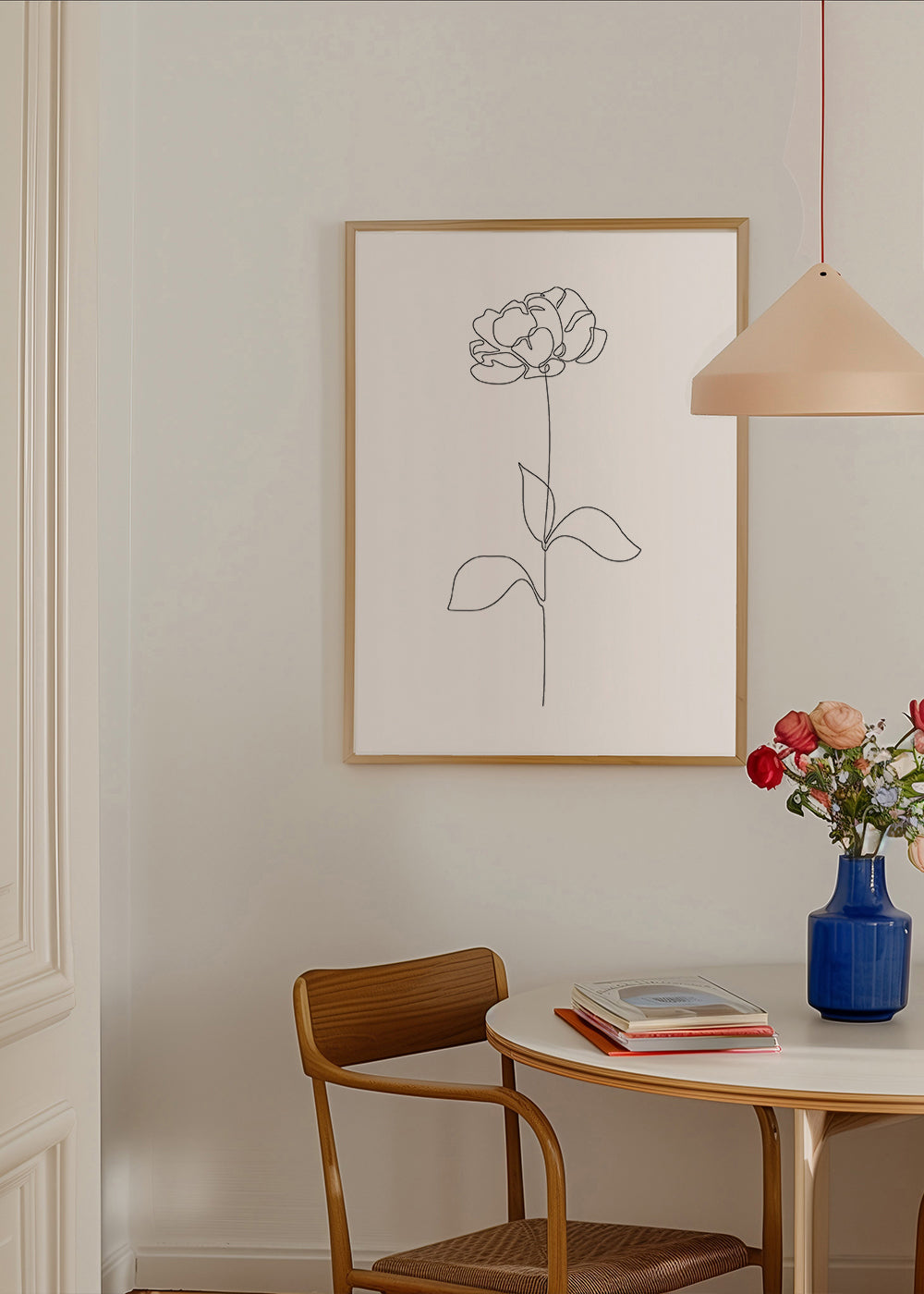 Botanisk poster: Pion i enlinjet teckning