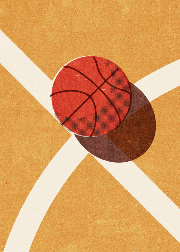 Sportkonst: röd basketboll på planen