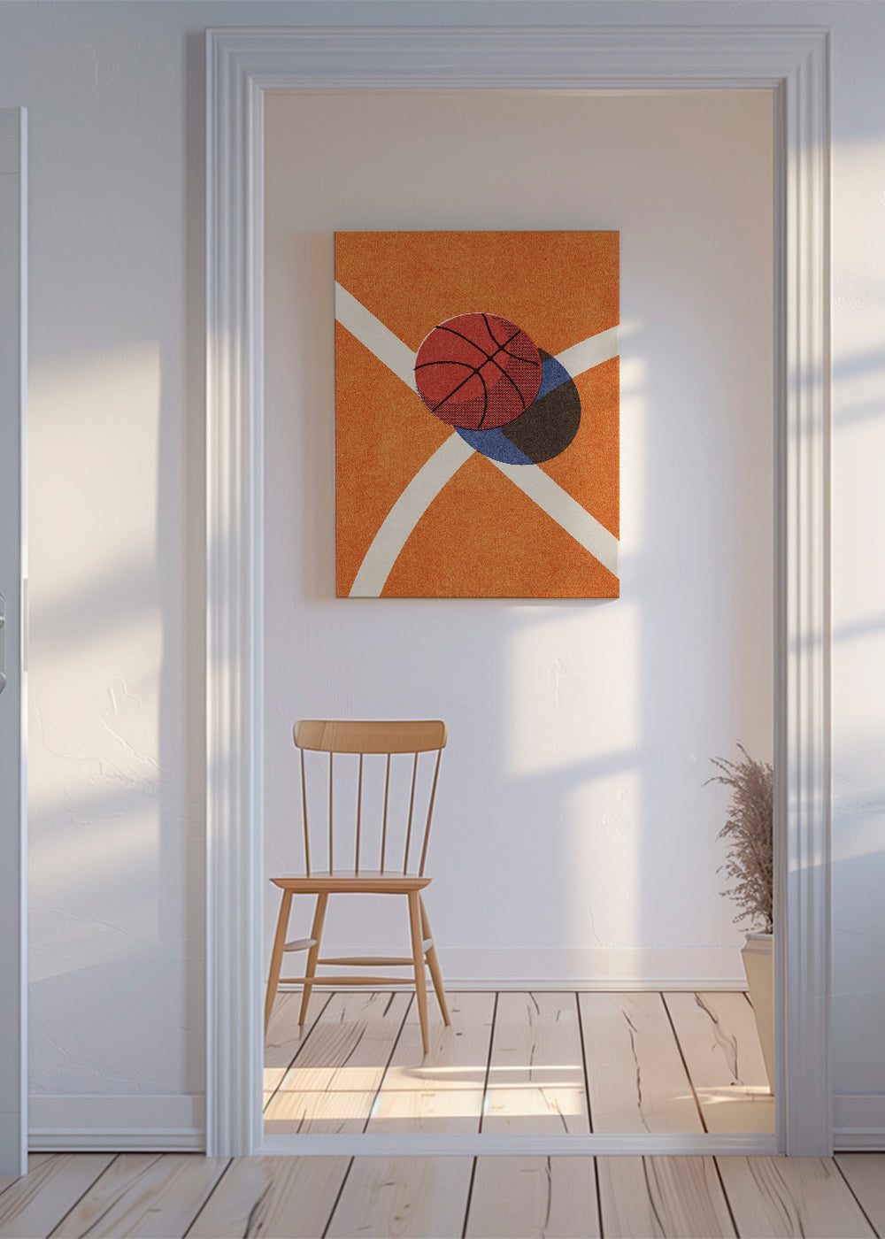 Sportkonst: röd basketboll på planen