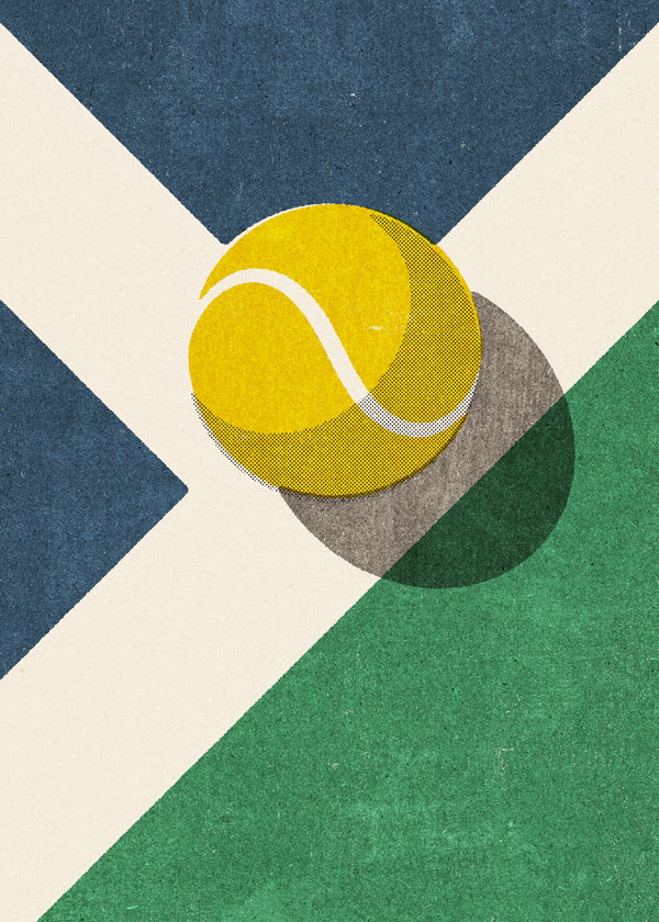 Sportkonst: tennisboll på geometrisk komposition