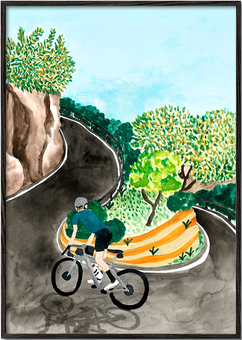 Landskapskonst med cyklist i bergskurva