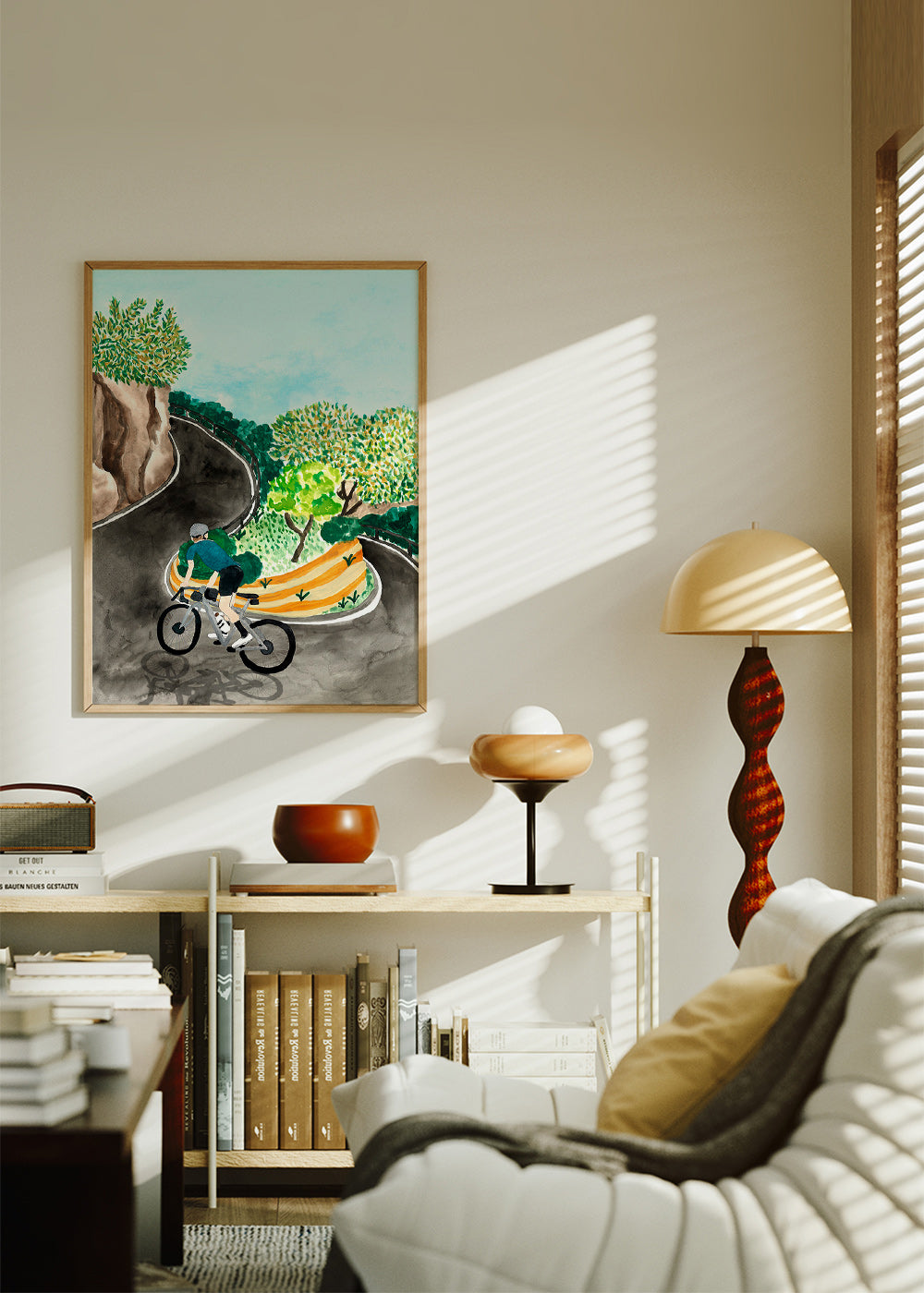 Landskapskonst med cyklist i bergskurva