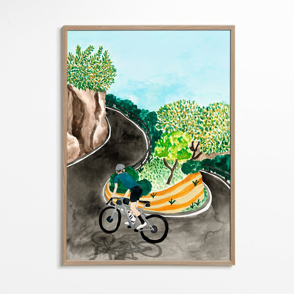 Landskapskonst med cyklist i bergskurva