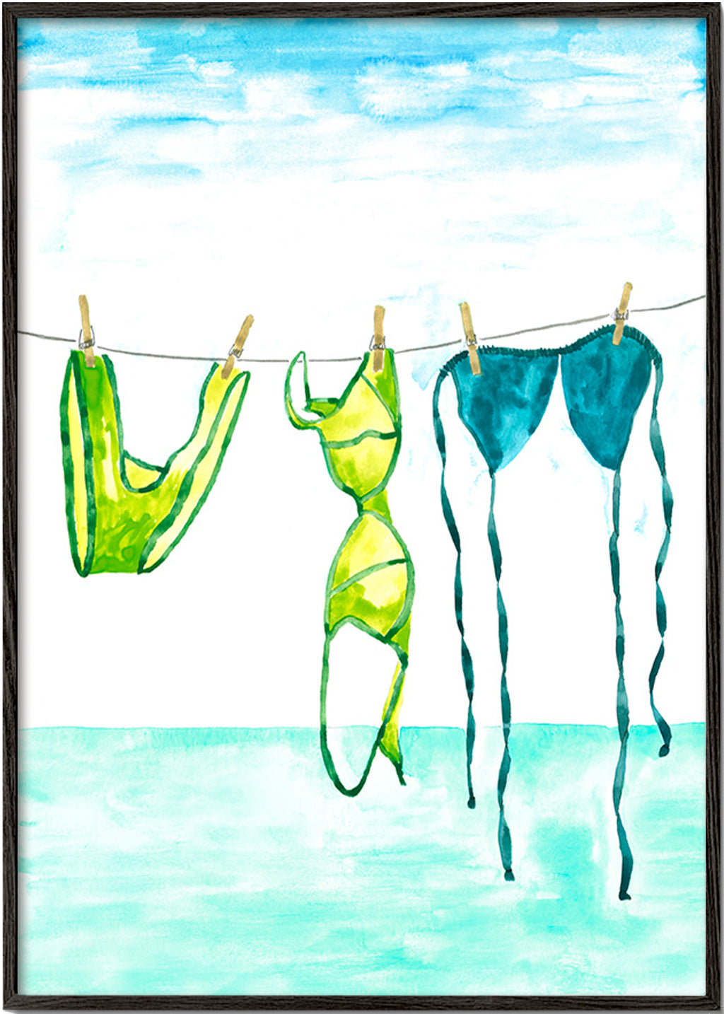 Illustration av bikinis hängda vid stranden