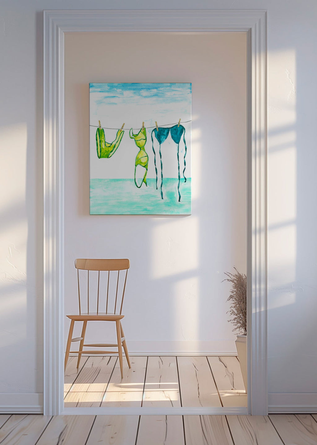 Illustration av bikinis hängda vid stranden