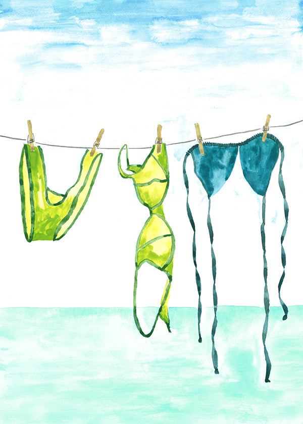 Illustration av bikinis hängda vid stranden