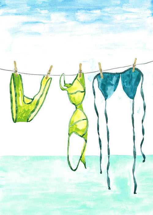 Illustration av bikinis hängda vid stranden
