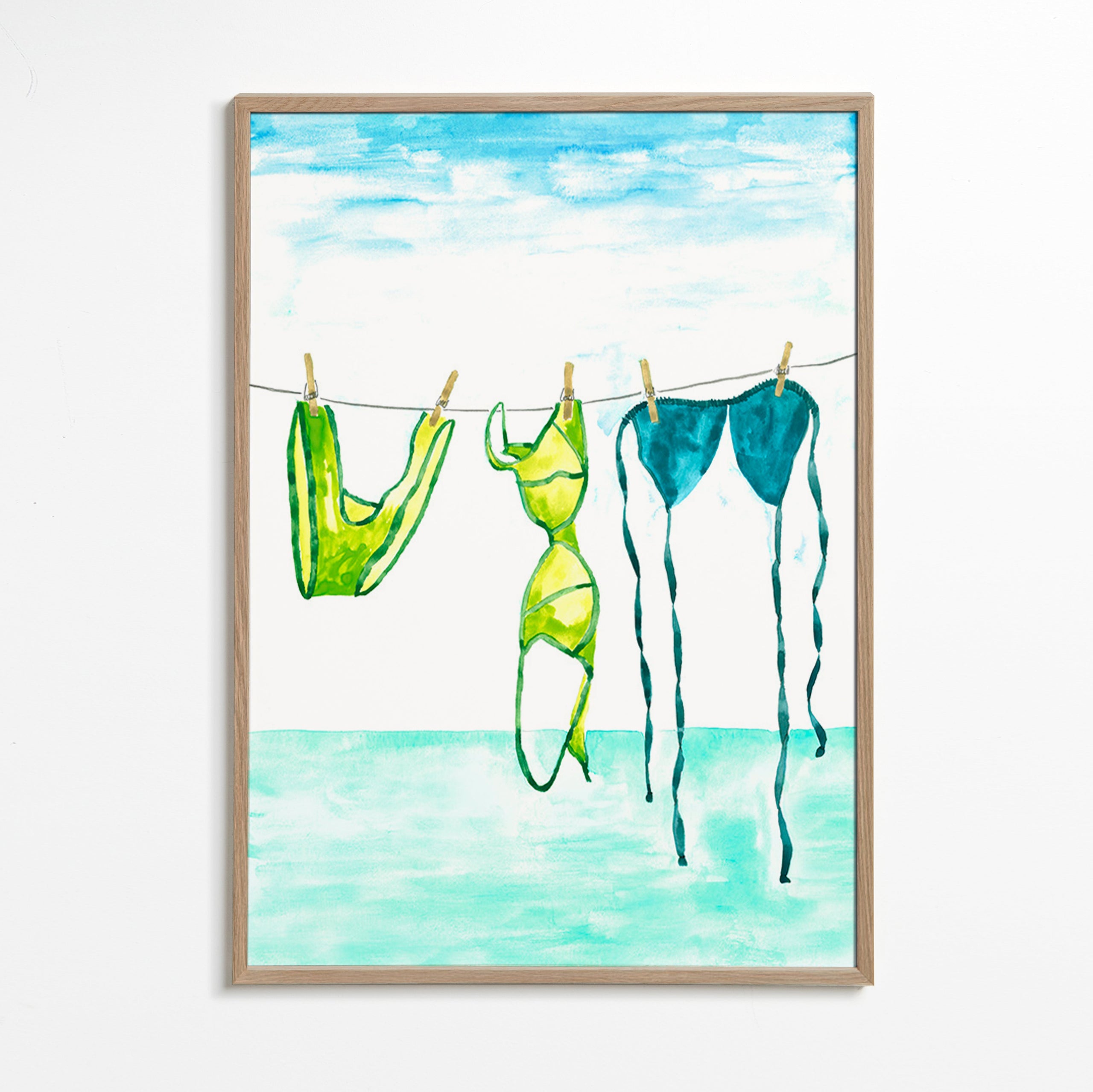 Illustration av bikinis hängda vid stranden