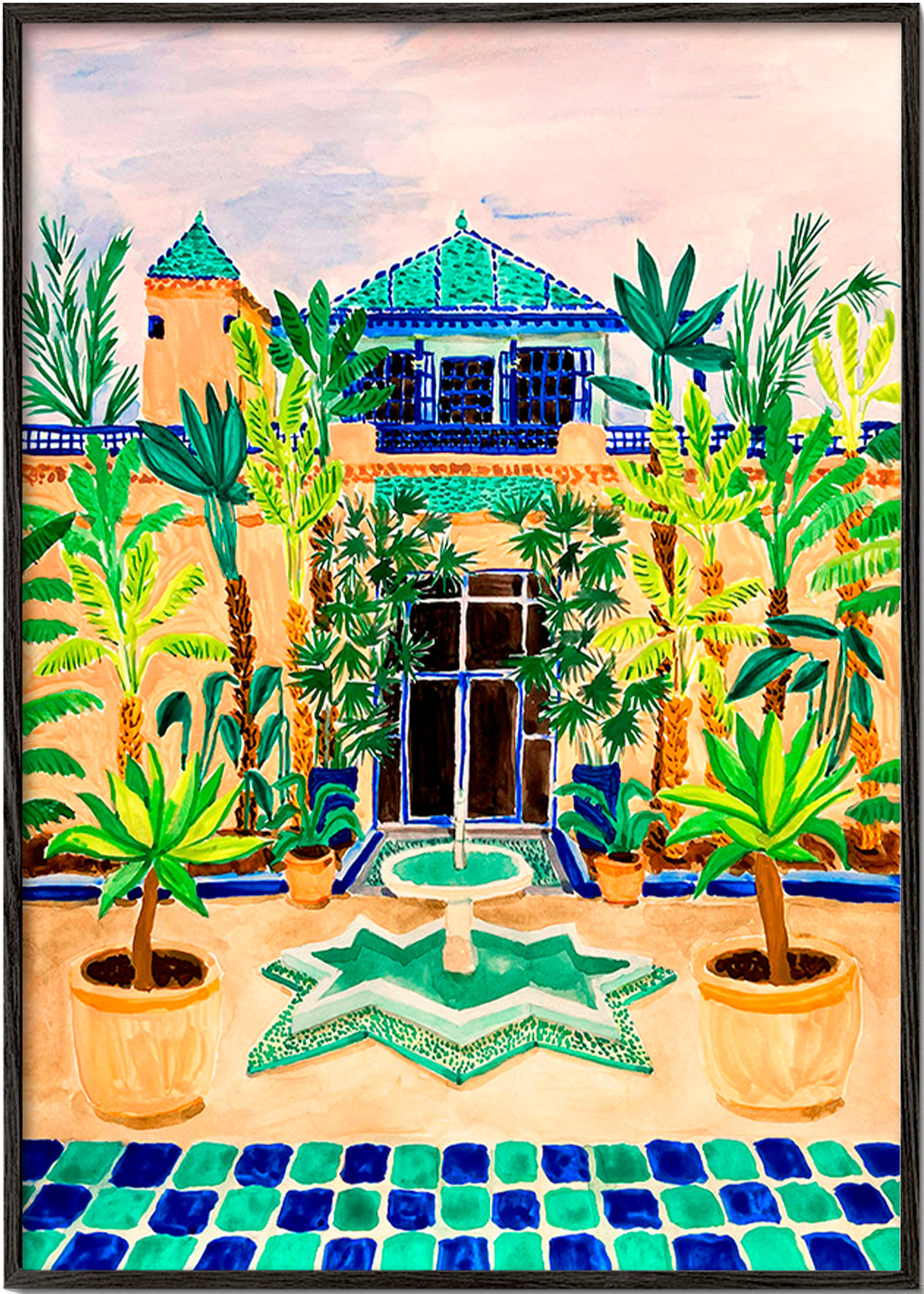 Botanisk poster Gård med fontän och kakel