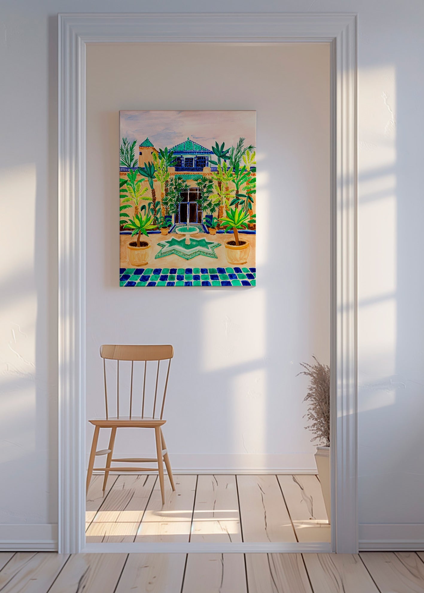 Botanisk poster Gård med fontän och kakel