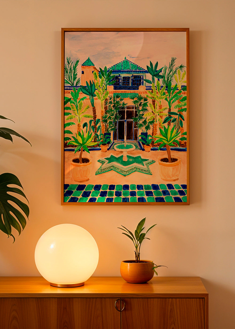 Botanisk poster Gård med fontän och kakel