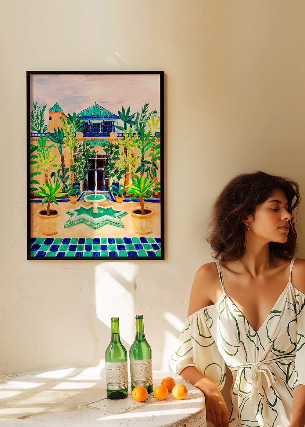 Botanisk poster Gård med fontän och kakel