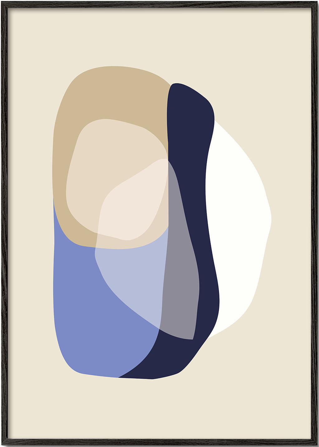 Minimalistisk konst med organiska beige och blå former