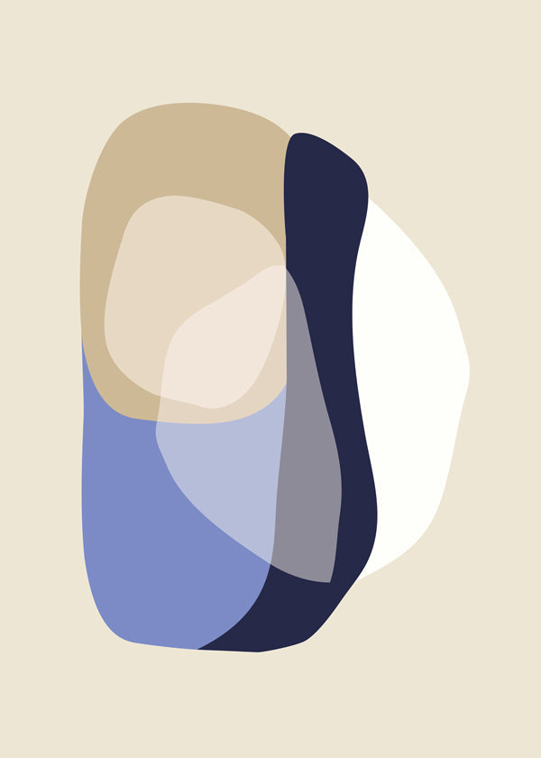 Minimalistisk konst med organiska beige och blå former
