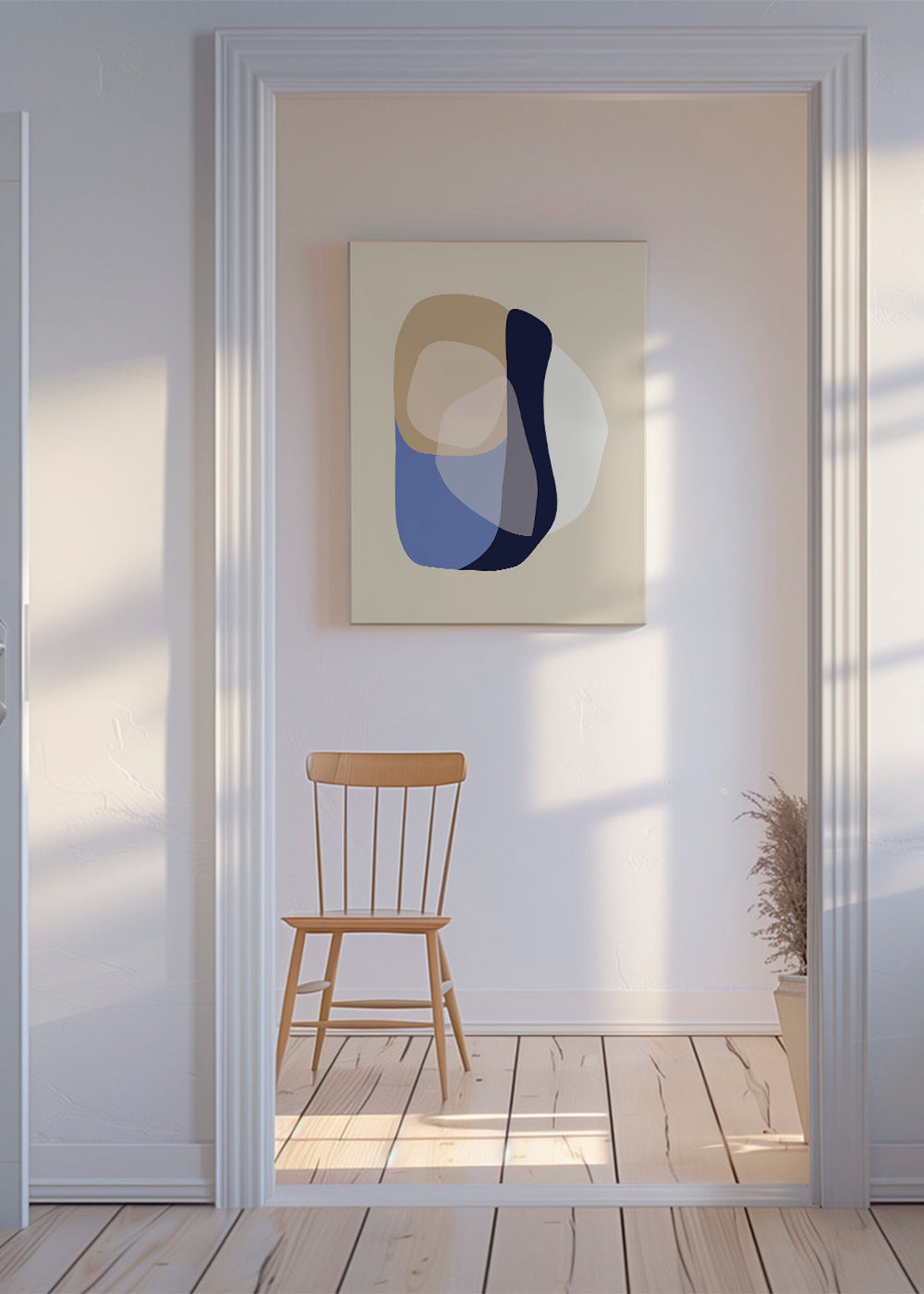 Minimalistisk konst med organiska beige och blå former