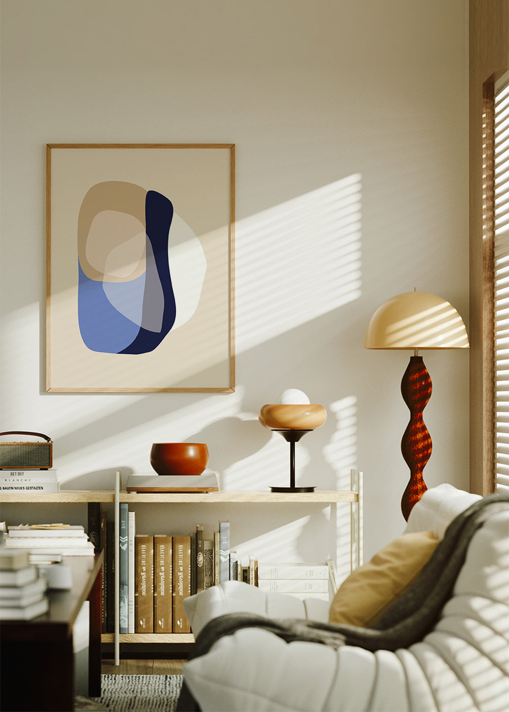 Minimalistisk konst med organiska beige och blå former