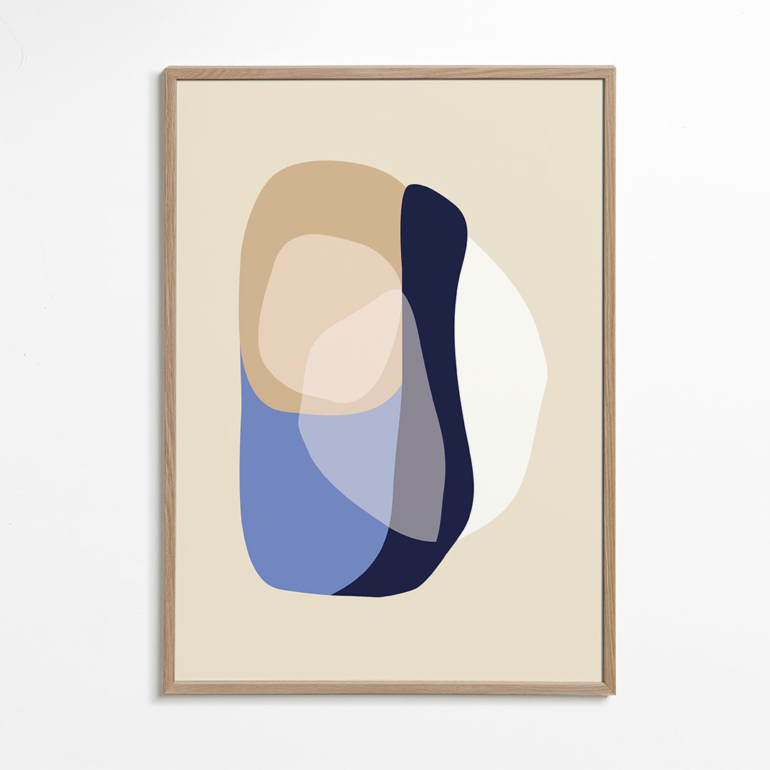 Minimalistisk konst med organiska beige och blå former