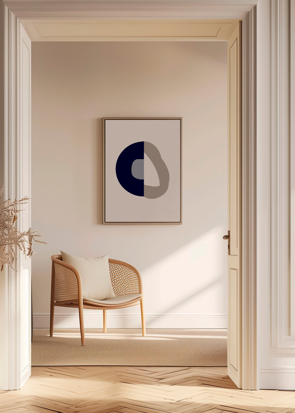 Abstrakt verk med blå båge och beige slinga