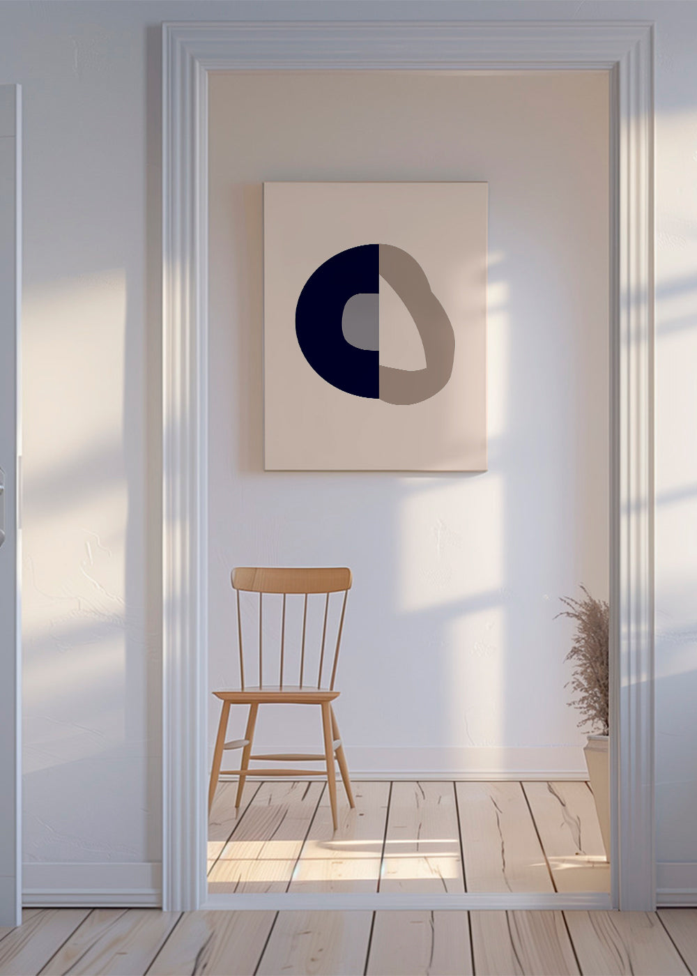 Abstrakt verk med blå båge och beige slinga