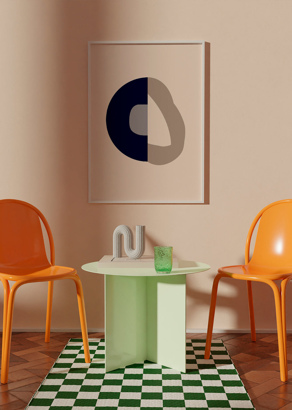 Abstrakt verk med blå båge och beige slinga
