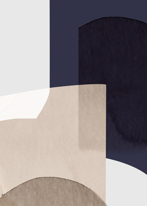 Abstrakt konst i beige och blå med lager av former