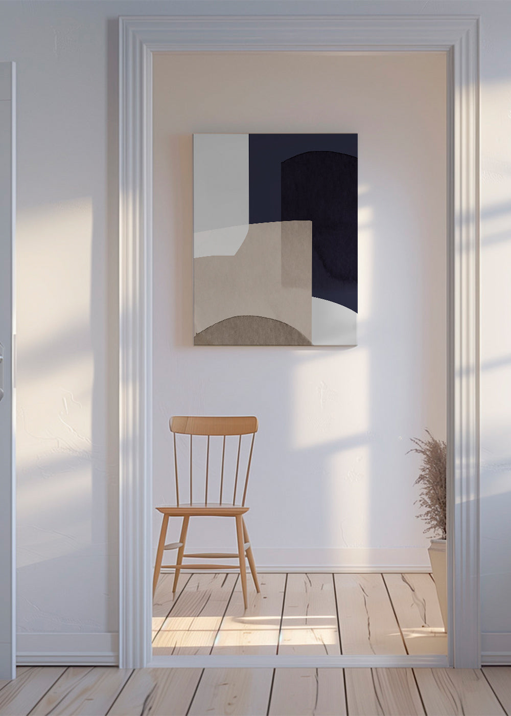 Abstrakt konst i beige och blå med lager av former