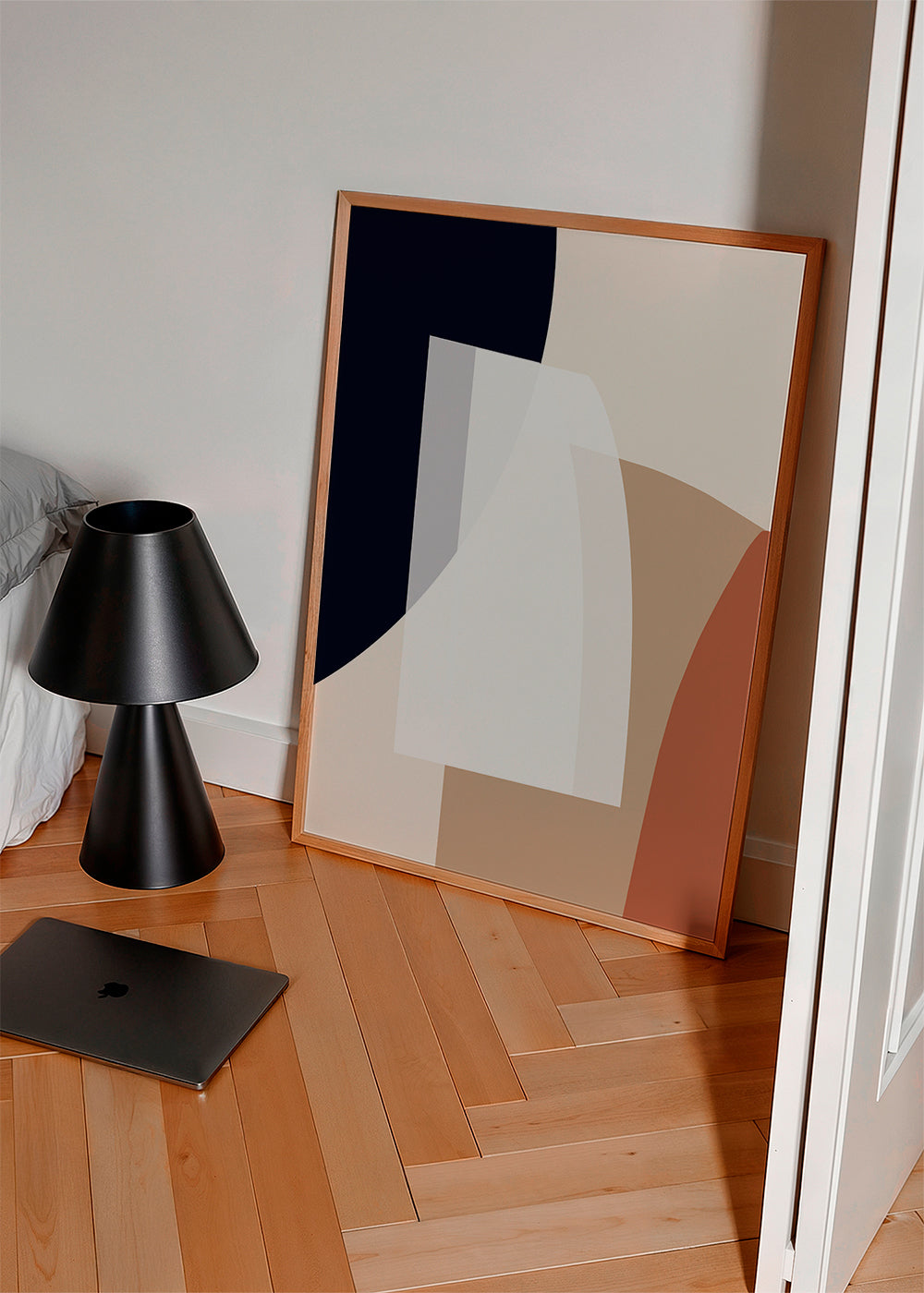 Abstrakt tavla med organiska beige och blå former