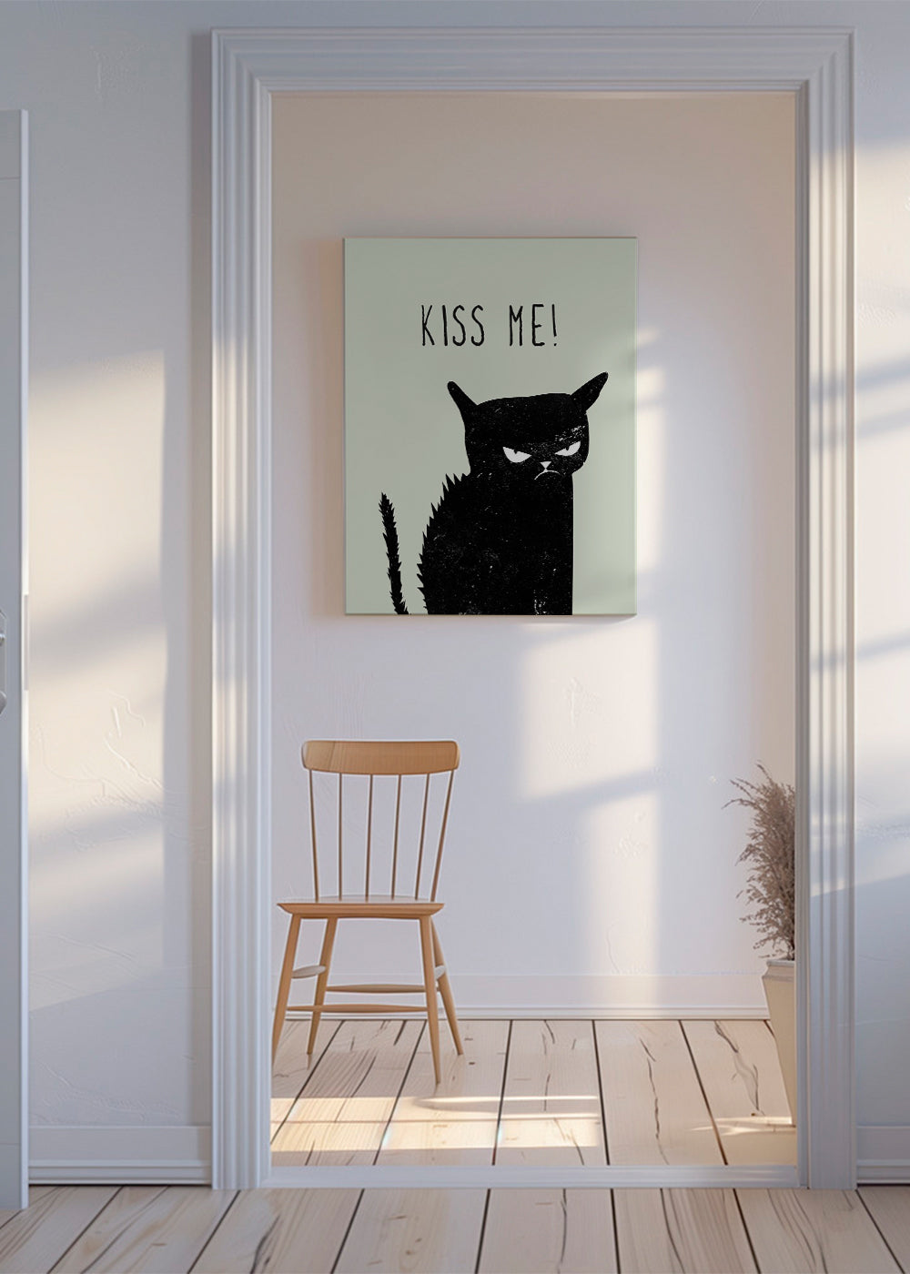 Kattillustration med texten 'Kiss Me'