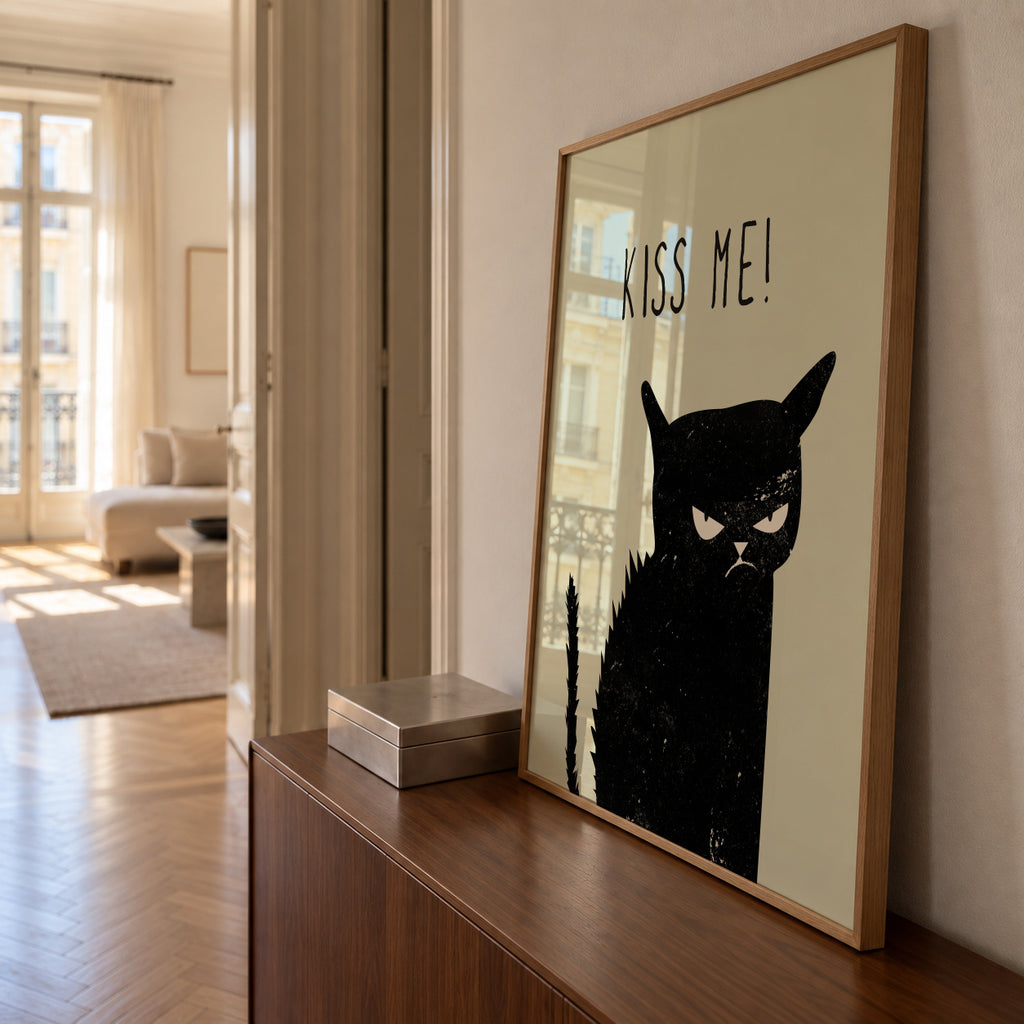 Kiss me cat - Framed poster in an interior