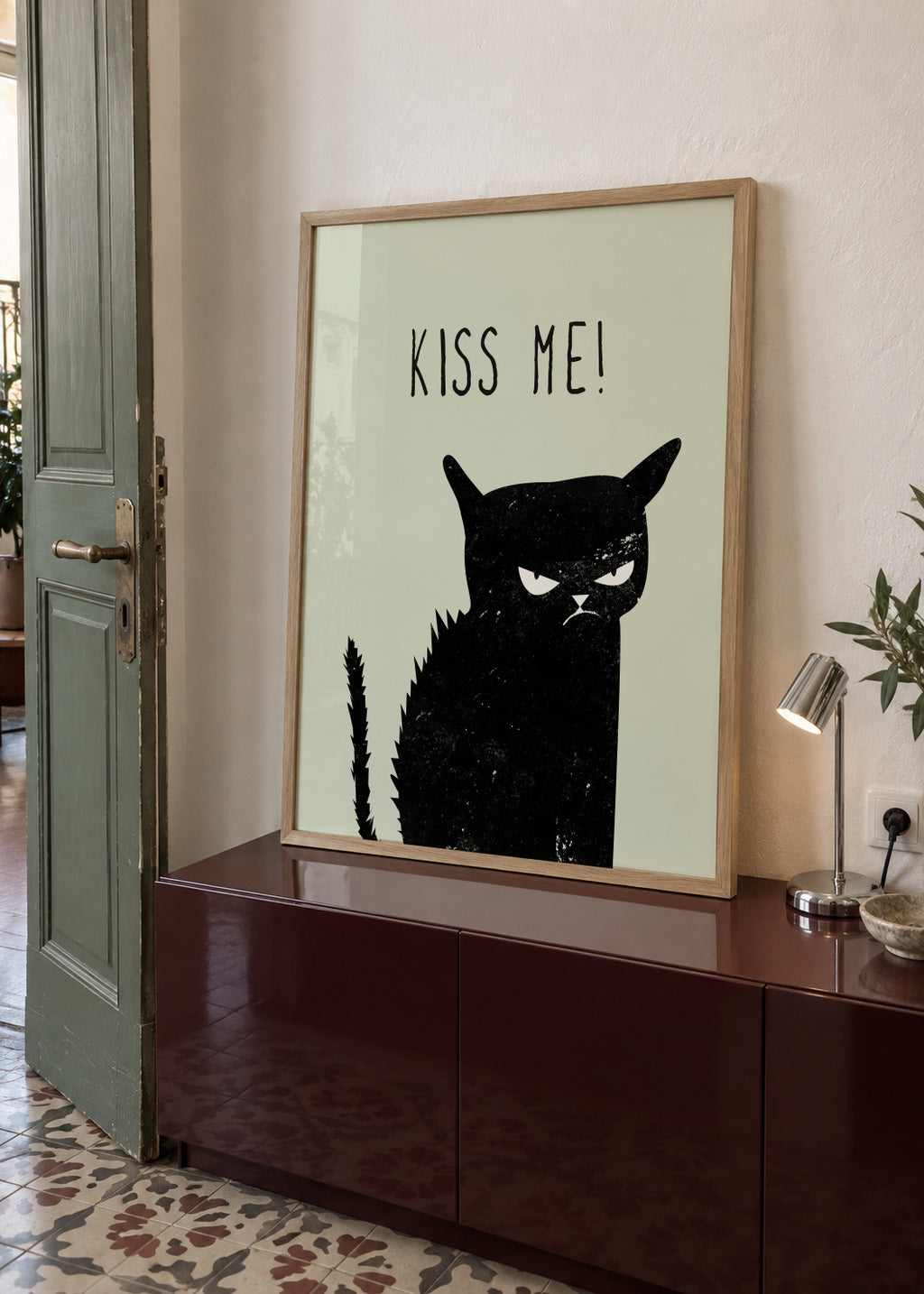 Kiss me cat - Framed poster in an interior