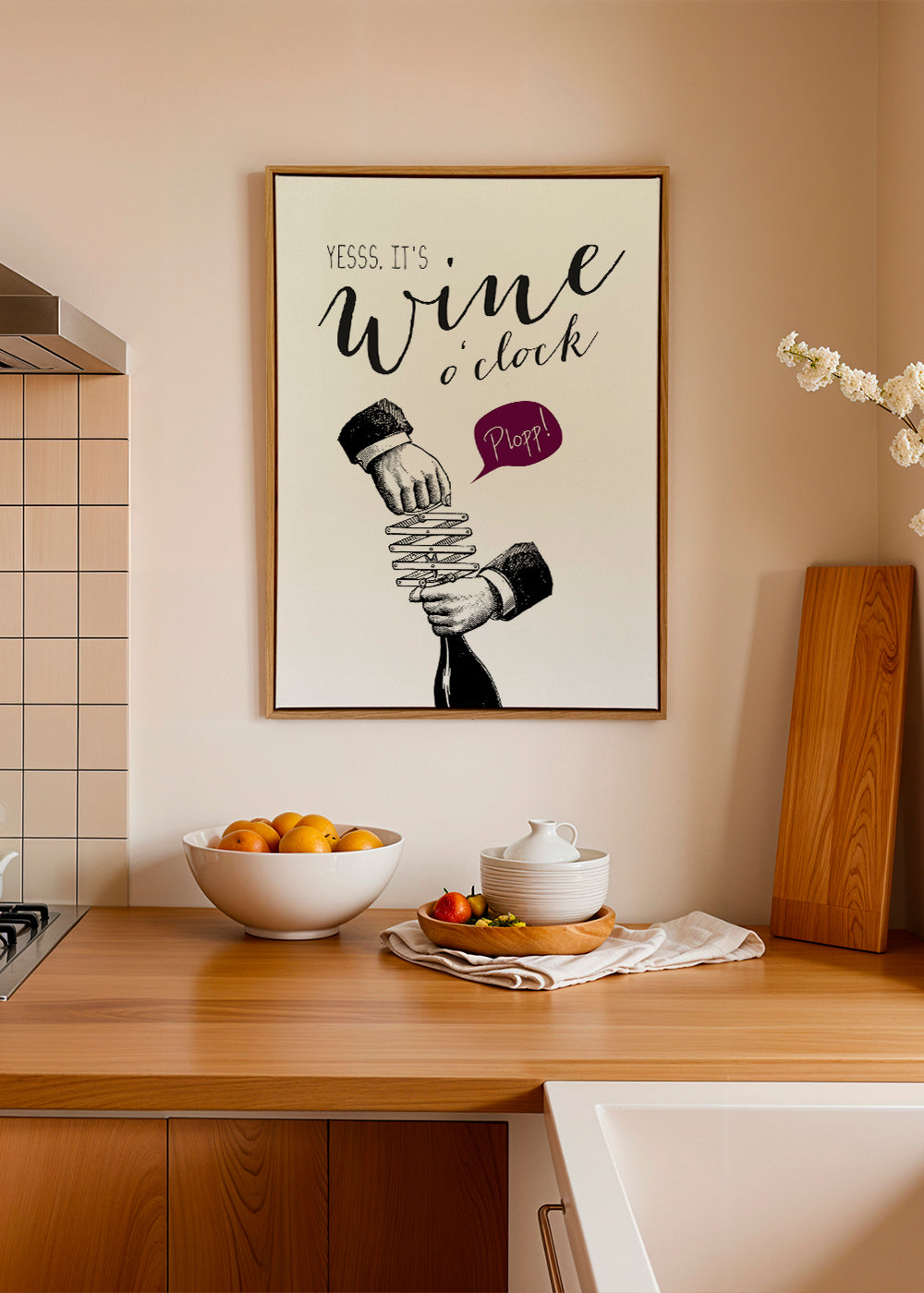 Kökskonst 'Wine o'clock' typografi med vintage-skiss