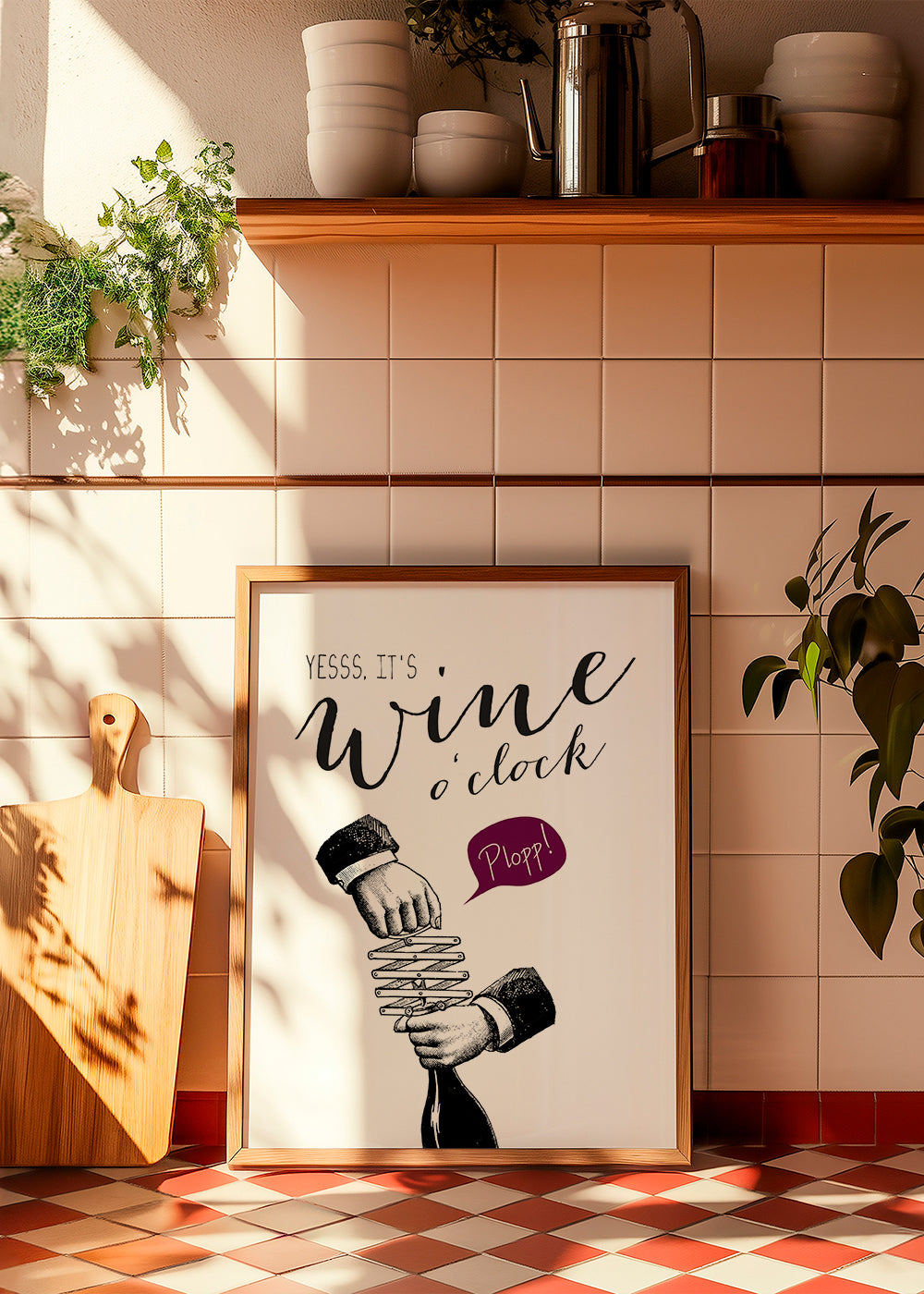 Kökskonst 'Wine o'clock' typografi med vintage-skiss