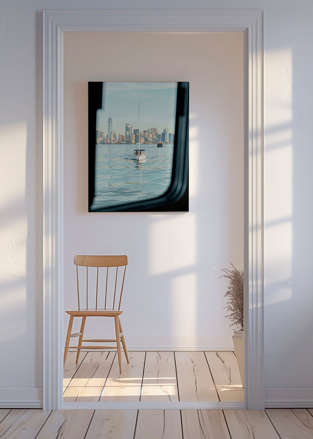 Reseaffisch med segelbåt och stadssiluett – Canvas