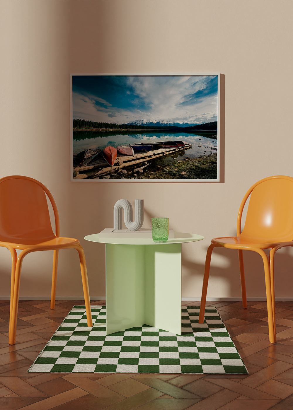 Landskapskonst med kanoter på bryggan – Product2